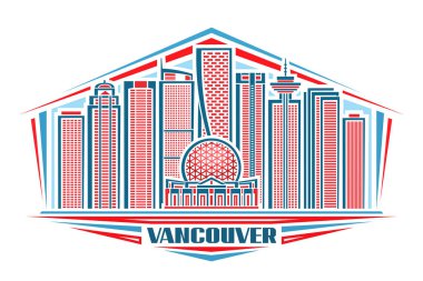 Vancouver 'ın vektör illüstrasyonu, doğrusal tasarım Vancouver şehir manzaralı yatay poster gökyüzü arka planında, mavi kelime vancouver beyaz üzerine dekoratif harflerle kentsel çizgi sanat kavramı.