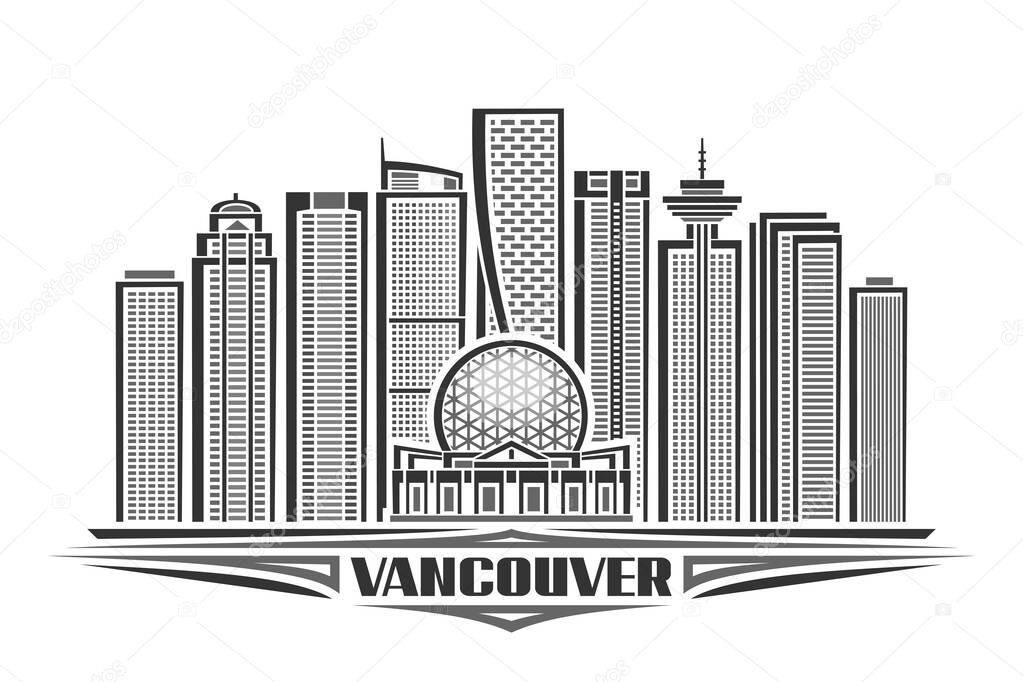 Vector illustration of Vancouver, monochrome horizontal poster with linear design vancouver city scape, urban line art concept with decorative lettering for black word vancouver on white background.