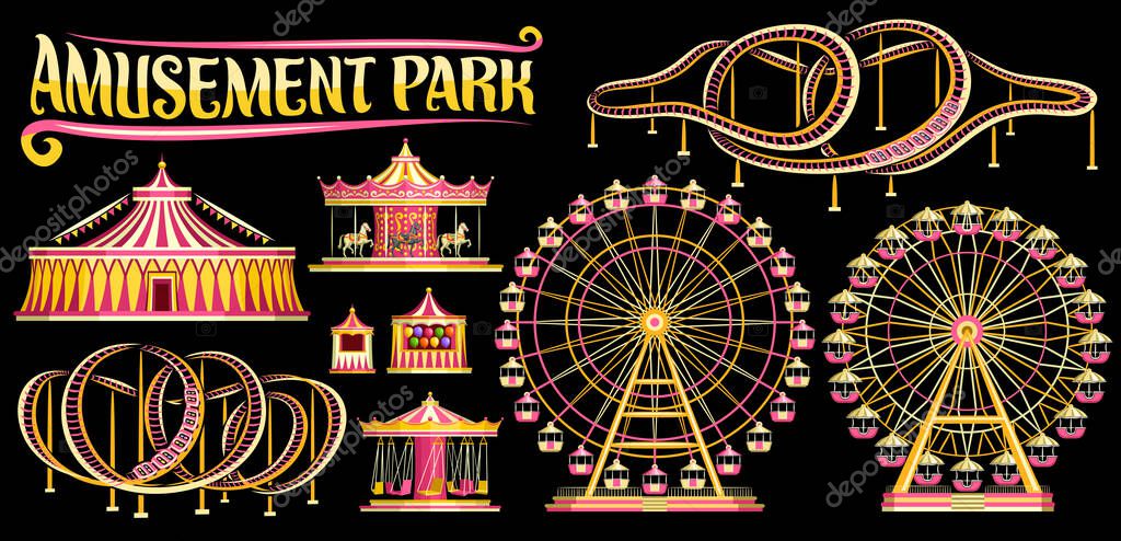 Vector set for Amusement Park, lot collection of cut out illustrations variety carousels, extreme different roller coasters, various giant ferris wheels and vintage circus big top on dark background.
