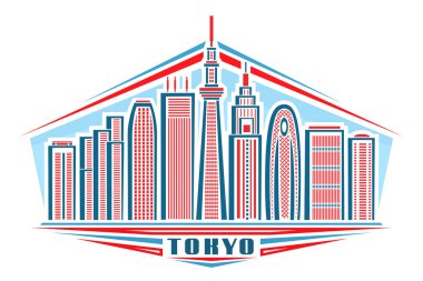Tokyo 'nun vektör illüstrasyonu, doğrusal tasarımı olan yatay poster gökyüzü arka planında ünlü Tokyo şehir manzarası, beyaz üzerine mavi harflerle yazılmış dekoratif şehir çizgisi sanat kavramı.