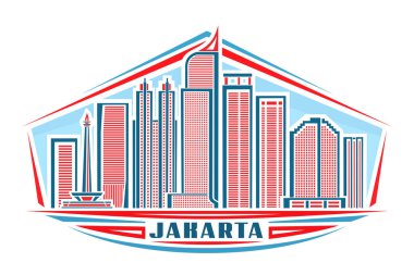 Jakarta 'nın vektör illüstrasyonu, doğrusal tasarımı olan yatay etiket gökyüzü arka planında ünlü jakarta şehir manzarası, beyaz üzerine mavi kelime jakarta için dekoratif harflerle kentsel çizgi sanat kavramı.