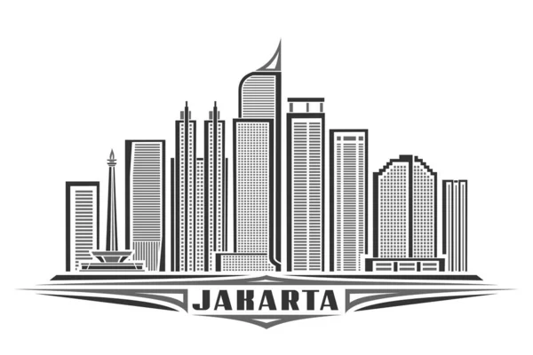 Vektor Ilustrasi Jakarta Poster Monokrom Horizontal Dengan Desain Linier Pemandangan - Stok Vektor