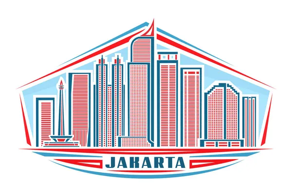 Vektor Ilustrasi Jakarta Label Horisontal Dengan Desain Linier Pemandangan Kota - Stok Vektor