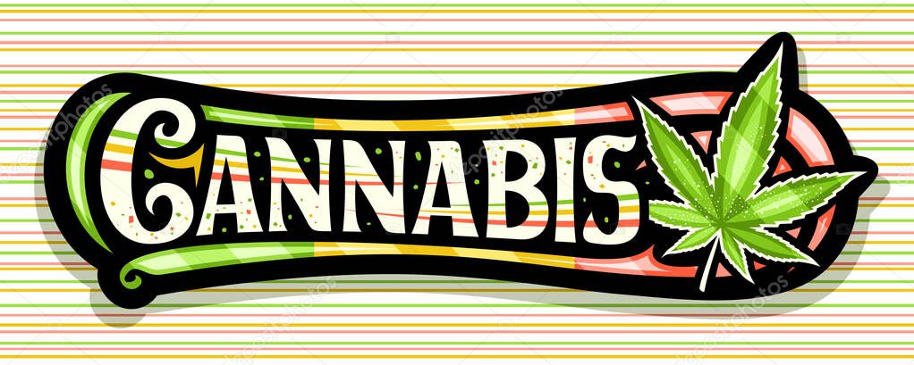 Vector banner for Cannabis, horizontal sign board with illustration of cannabis leaf and colorful decorative flourishes, add voucher with unique brush lettering for word cannabis on striped background