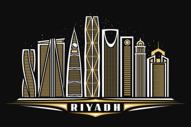 Riyad 'ın vektör illüstrasyonu, doğrusal tasarımı olan karanlık yatay poster alacakaranlık yıldızlı gökyüzü arka planında ünlü riyad şehir manzarası, beyaz harfler için dekoratif harflerle kentsel çizgi sanat kavramı.
