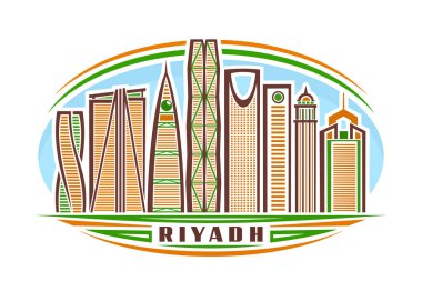 Riyad 'ın vektör illüstrasyonu, doğrusal tasarımı olan yatay işaret gökyüzü arka planında ünlü riyad şehir manzarası, kahverengi kelime riyad beyaz üzerine dekoratif harflerle kentsel çizgi sanat kavramı.