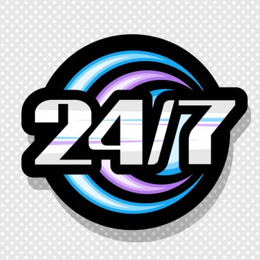 7 / 24 vektör logosu, resimli renkli daireler ve 7 / 24 benzersiz dekoratif yazı tipi ile siyah izole tabela, gri arka planda gölgesi olan pazarlama tasarımı kavramı.