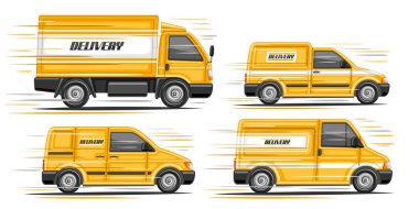 Vector set of Delivery Vans, 4 adet kesilmiş resim koleksiyonu. Turuncu ticari minibüsü taşıyorlar. Kelime dağarcığının yanında beyaz arka planda çeşitli karikatür dağıtım kamyonetleri var..
