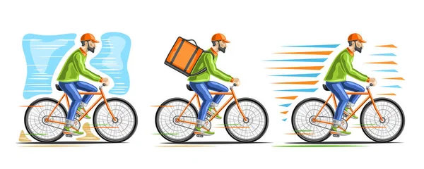 宅配便付き自転車のベクトルセット 3カットアウトイラストのコレクション白い背景に緑のジャケットとオレンジキャップを身に着けて自転車に乗る男性 — ストックベクタ
