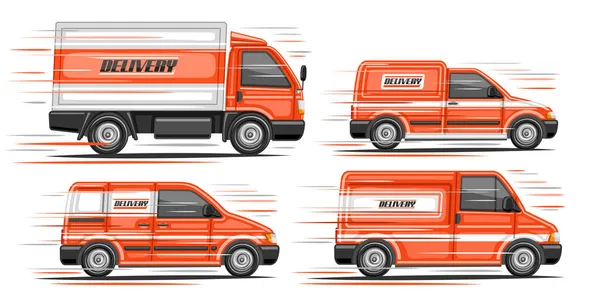 Vektorkészlet Delivery Vans Gyűjteménye Kivágott Illusztrációk Mozgó Narancssárga Kereskedelmi Furgon — Stock Vector