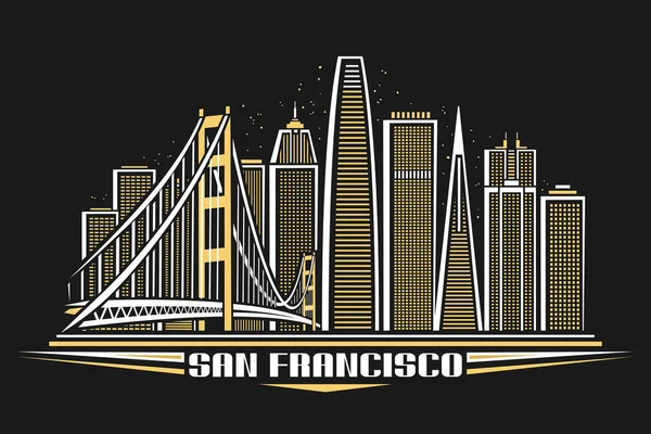 サンフランシスコのベクトルイラスト アウトラインデザインの水平ポスターがアメリカの都市風景を照らし ダークな背景にサンフランシスコの言葉のための装飾フォントと都市ラインアートコンセプト — ストックベクタ