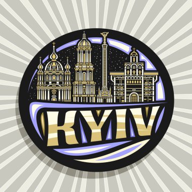 Kyiv için vektör logosu, karanlık gökyüzü arka planında ünlü tarihi Kyiv şehir manzarasının ana hatlarıyla çizilmiş siyah dekoratif etiket, sanat tasarımı buzdolabı mıknatısı ve metin Kyiv için eşsiz fırça harfleri.