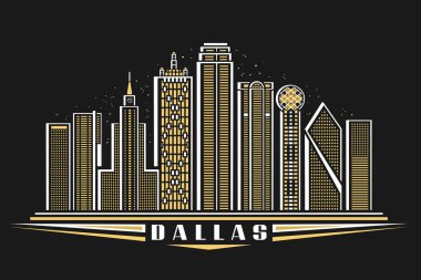Dallas 'ın vektör illüstrasyonu, ana hatlarıyla ışıklandırılmış Dallas şehir manzaralı yatay poster, karanlık arka planda Dallas kelimesinin dekoratif harfleriyle Amerikan şehir çizgisi sanat kavramı..