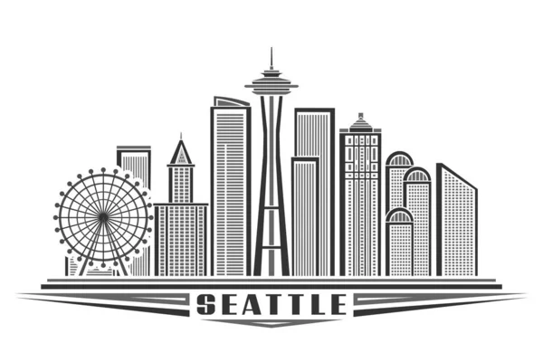 シアトルのベクトルイラスト シアトルの街並みのアウトラインデザインのモノクローム水平ポスター 白を基調とした黒文字のシアトル独特の装飾文字を持つ都市ラインアートコンセプト — ストックベクタ