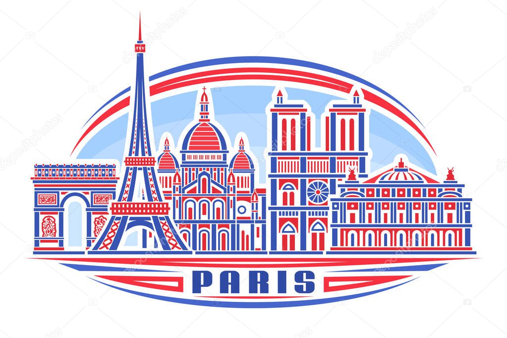 Vector illustration of Paris, horizontal poster with linear design famous paris city scape on day sky background, historic urban line art concept with decorative lettering for blue word paris on white