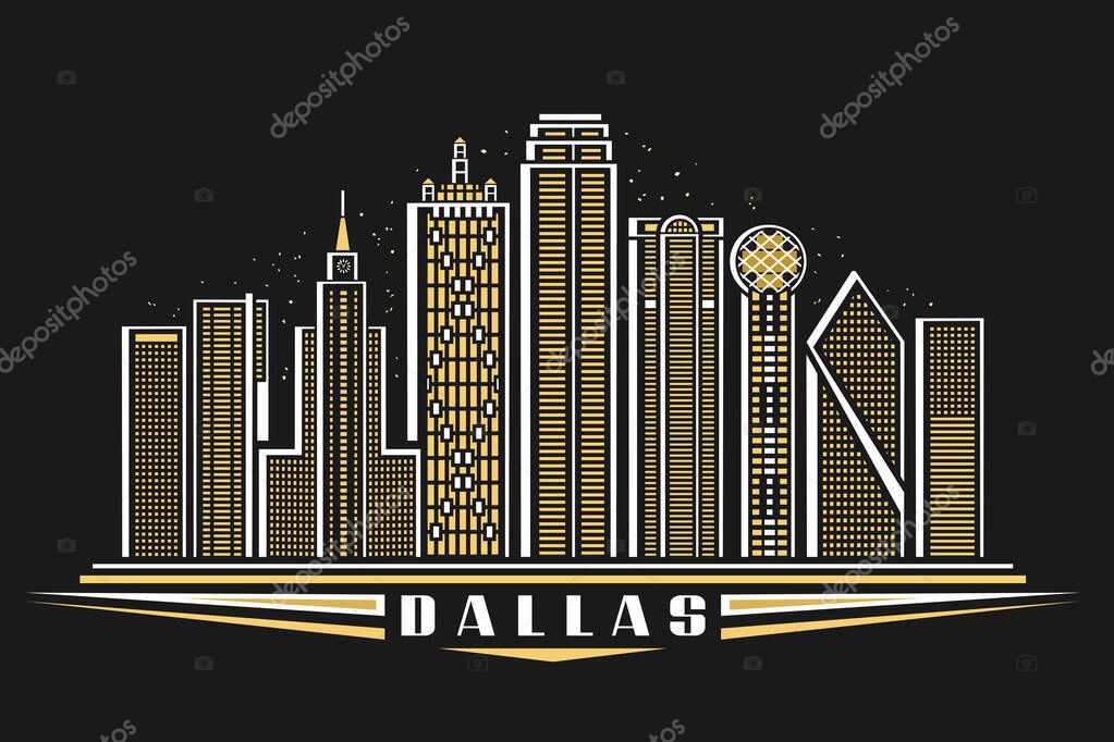 Vector illustration of Dallas, horizontal poster with outline design illuminated dallas city scape, american urban line art concept with decorative lettering for word dallas on dark dusk background.