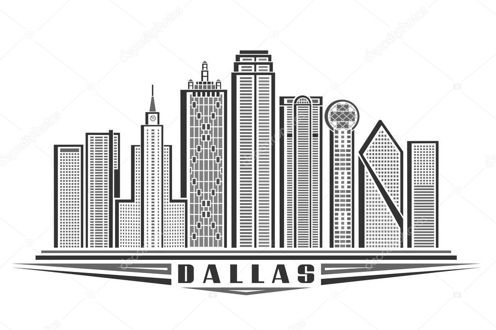 Vector illustration of Dallas, monochrome horizontal poster with outline design of dallas city scape, urban line art concept with unique decorative letters for black word dallas on white background.