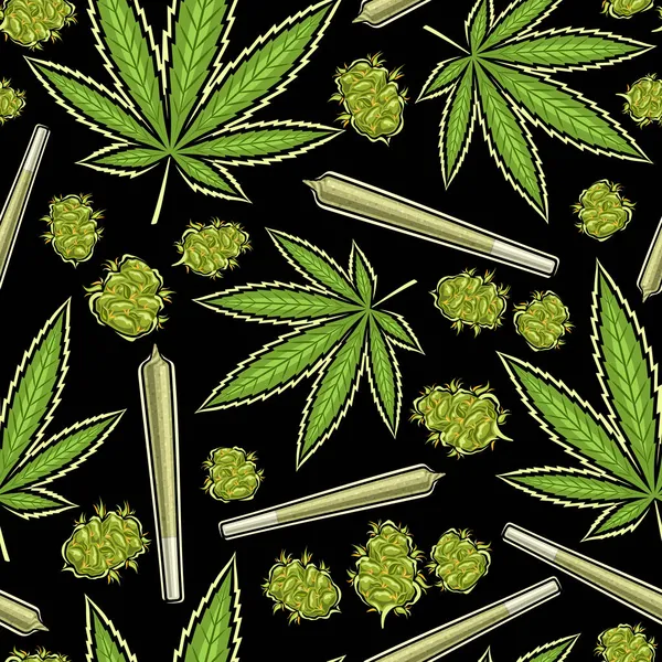 ベクトルマリファナシームレスパターン マリファナの葉の正方形の繰り返しの背景 薬用大麻の芽 暗い背景にレクリエーションマリファナのイラストをカットした装飾ポスター — ストックベクタ