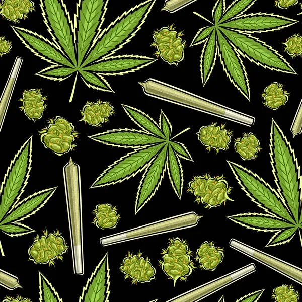 Vektör Marihuana Kusursuz Şablon, marihuana yapraklarının kare tekrarı, tıbbi esrar tomurcukları, koyu arkaplanda eğlence amaçlı marihuananın çizimleriyle süslenmiş dekoratif poster.