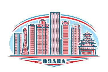 Osaka 'nın vektör illüstrasyonu, doğrusal tasarımlı yatay logo gündüz gökyüzü arka planında ünlü osaka şehir manzarası, Asyalı kentsel çizgi sanat konsepti, beyaz üzerine mavi harflerle osaka kelimesinin dekoratif harfleri..