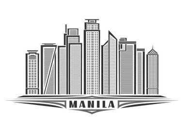 Manila 'nın vektör illüstrasyonu, doğrusal tasarımı olan tek renkli yatay poster ünlü Manila şehir manzarası, şehir çizgisi sanat konsepti beyaz arka planda siyah kelime manila için eşsiz dekoratif harflerle