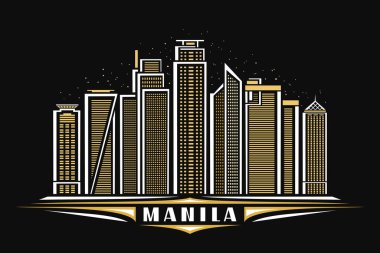 Manila 'nın vektör illüstrasyonu, doğrusal tasarımı olan karanlık yatay poster alacakaranlık yıldızlı arka planda ünlü Manila şehir manzarası, dekoratif harflerle süslü Asyalı şehir çizgisi sanat konsepti.