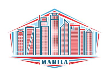 Manila 'nın vektör illüstrasyonu, doğrusal tasarımlı yatay logo gökyüzü arka planında ünlü Manila şehir manzarası, Asyalı şehir çizgisi sanat konsepti, beyaz üzerine mavi harflerle manila..