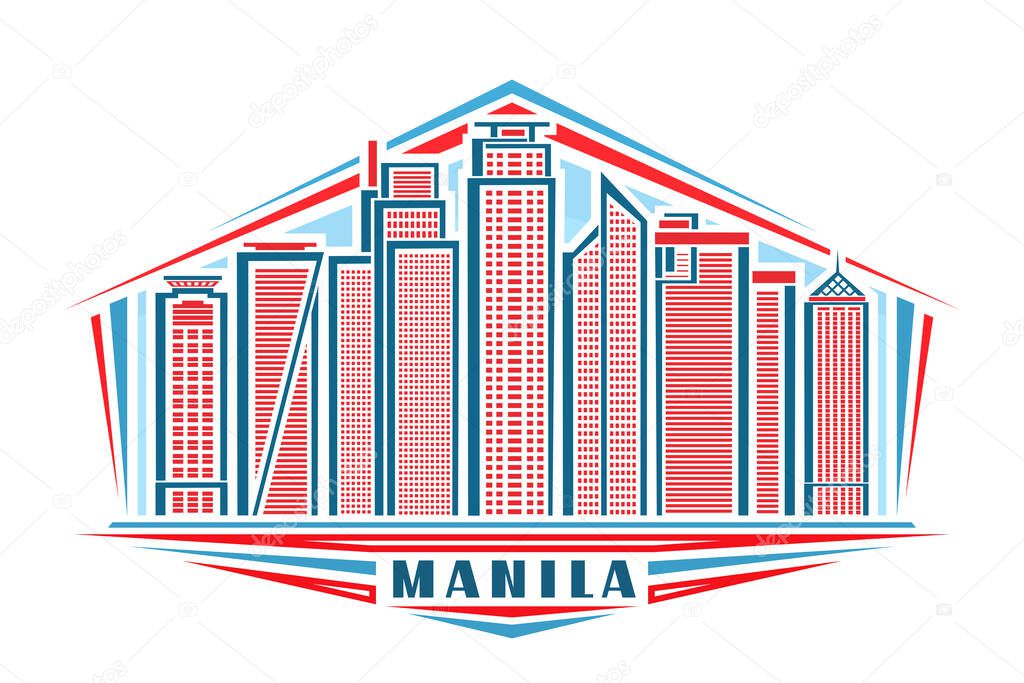 Vector illustration of Manila, horizontal logo with linear design famous manila city scape on day sky background, asian urban line art concept with decorative lettering for blue word manila on white.