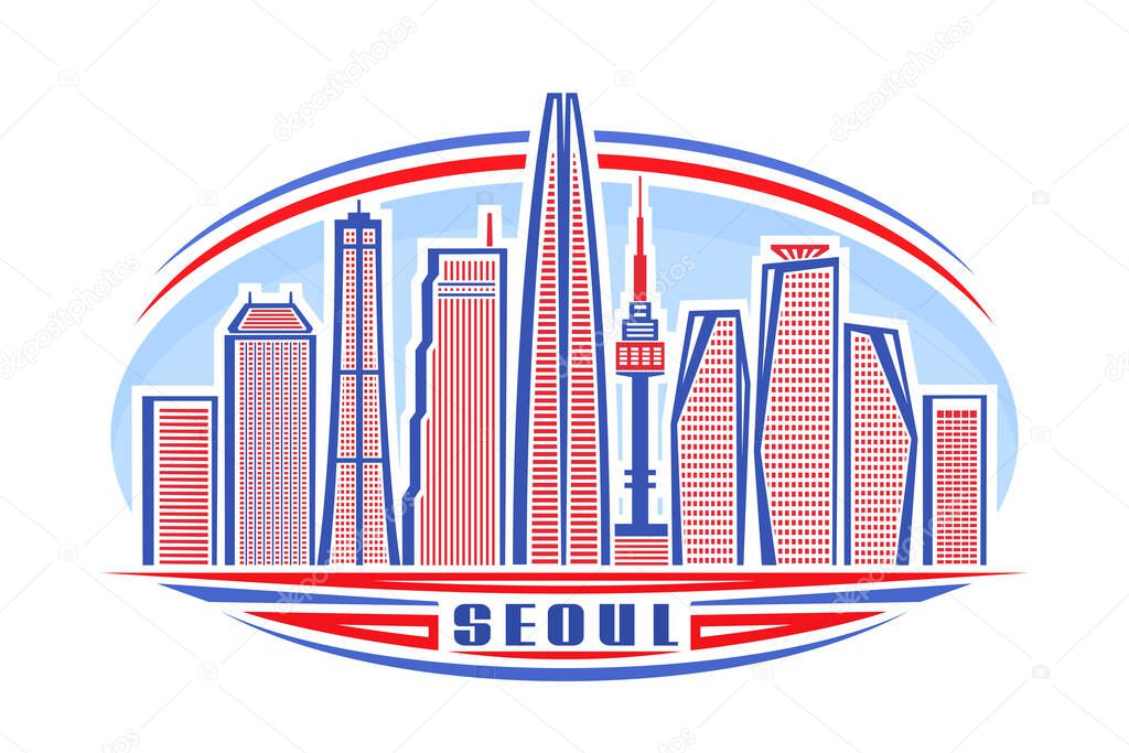 Vector illustration of Seoul, horizontal logo with linear design famous seoul city scape on day sky background, asian urban line art concept with decorative lettering for blue word seoul on white.