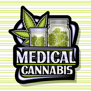 Tıbbi kenevir için vektör logosu, marihuana yaprağı ve esrar kavanozlarının resmedildiği koyu dekoratif tabela, çizgili arka planda tıbbi kenevir kelimesi için eşsiz fırça harfleri olan tabela.