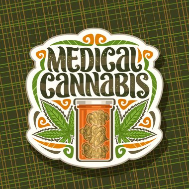 Tıbbi kenevir için vektör logosu, marihuana yaprakları, turuncu plastik kenevir kavanozu resimli klasik kağıt tabelaları, tıbbi kenevir için kullanılan benzersiz harflerle dispanser için imza panosu