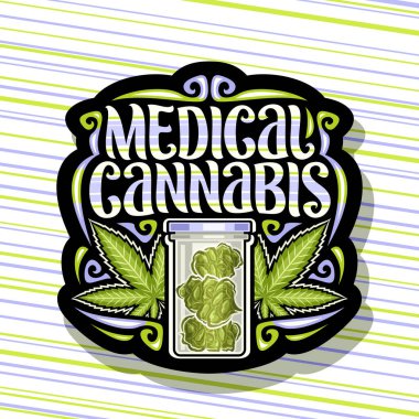 Tıbbi kenevir için vektör logosu, marihuana yapraklarının çizimi, cam kenevir test tüpü, tıbbi kenevir kelimeleri için eşsiz fırça harfleri olan dispanser için tabela.