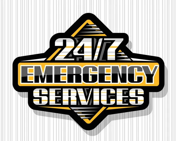 ベクトル記号24 7緊急サービス カラフルなストライプのイラストと黒の隔離されたタグ 単語のためのユニークな装飾的なレタリング24 7緊急サービスと灰色の縞模様の背景に影 — ストックベクタ