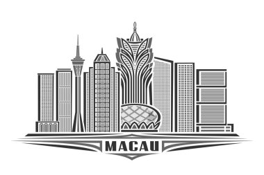 Macau 'nun vektör illüstrasyonu, doğrusal tasarımı olan tek renkli yatay poster ünlü Makao şehir manzarası, şehir çizgisi sanat konsepti beyaz arka planda siyah kelime Makao için eşsiz dekoratif harflerle.