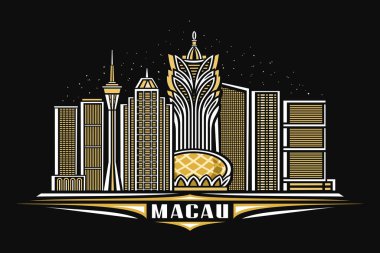 Macau 'nun vektör illüstrasyonu, doğrusal tasarımı olan karanlık yatay poster alacakaranlık yıldızlı gökyüzü arka planında ünlü Makao şehir manzarası, beyaz kelime makao için dekoratif harflerle Asyalı şehir çizgisi sanat konsepti