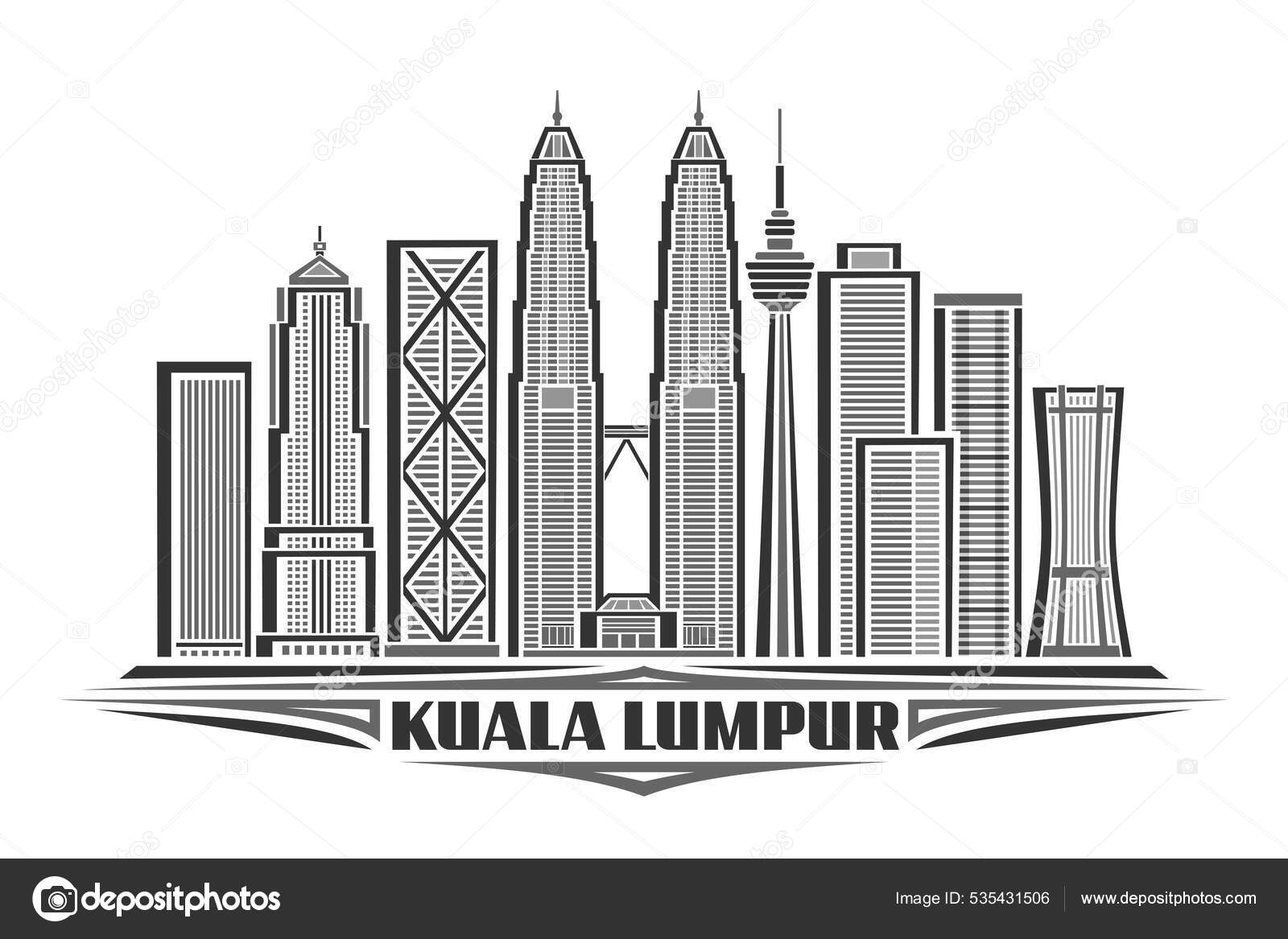 クアラルンプールのベクトルイラスト 直線的なデザインのアジアの都市景観を持つモノクロームの水平なポスター  白い背景に単語クアラルンプールのためのユニークな装飾文字を持つ都市ラインアートコンセプト ストックベクター ©mihmihmal 535431506, image size:1600x1167