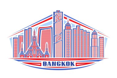 Bangkok 'un vektör illüstrasyonu, doğrusal tasarımlı yatay logo gündüz gökyüzü arka planında ünlü Bangkok şehri manzarası, beyaz üzerine mavi harflerle Bangkok için dekoratif harflerle Asyalı şehir çizgisi sanat konsepti