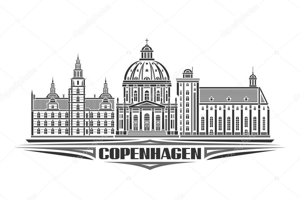Vector illustration of Copenhagen, monochrome horizontal poster with linear design copenhagen city scape, urban line art concept with decorative lettering for black word copenhagen on white background