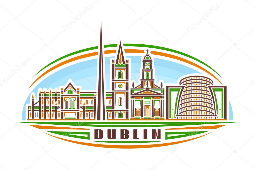 Vector illustration of Dublin, horizontal logo with linear design orange dublin city scape on day sky background, famous urban line art concept with decorative lettering for brown word dublin on white
