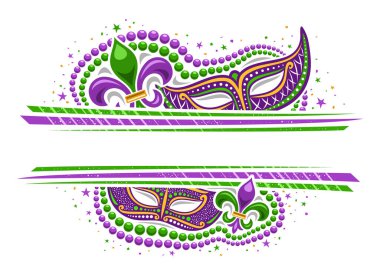 Vector Mardi Gras Border with copyspace, horizontal template with illustration of purple mardi gras symbols, colorful stars and decorative stripes for mardigras show event on white background clipart