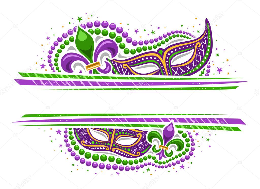 Vector Mardi Gras Border with copyspace, horizontal template with illustration of purple mardi gras symbols, colorful stars and decorative stripes for mardigras show event on white background
