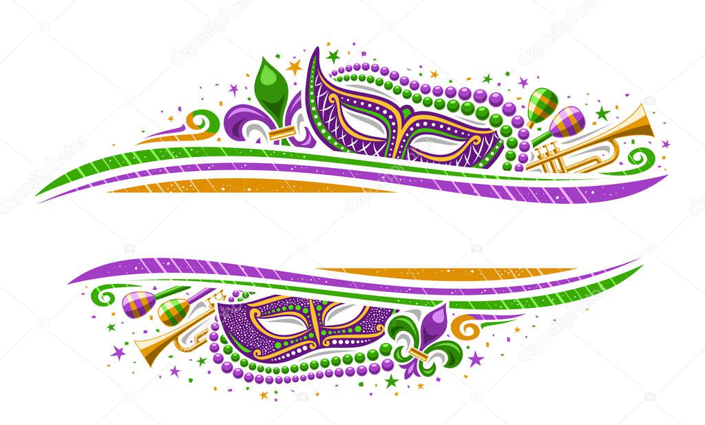 Vector Mardi Gras Border with copy space for text, horizontal template with illustration of fleur de lis symbol, colorful stars and decorative flourishes for mardigras show event on white background