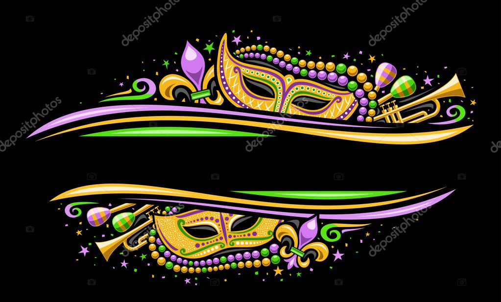 Vector Mardi Gras Border with copyspace, horizontal template with illustration of yellow mardi gras symbols, colorful stars and decorative flourishes for mardigras show event on black background