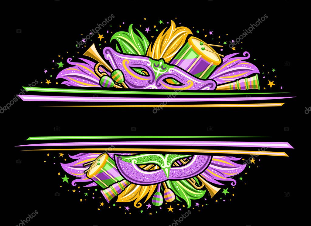 Vector Border for Mardi Gras Carnival with copy space, horizontal invitation with illustration of carnaval symbols, musical instruments, purple and green decorative feathers for carnaval in Louisiana