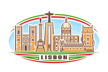 Lizbon 'un vektör illüstrasyonu, doğrusal tasarımlı yatay logo, gündüz gökyüzü arka planında turuncu Lizbon şehri manzarası, kahverengi kelime Lisbon on White için dekoratif harflerle ünlü şehir çizgisi sanat konsepti