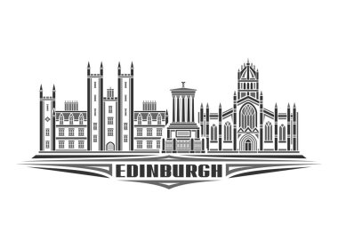 Edinburgh 'un vektör illüstrasyonu, doğrusal tasarımı edinburgh şehir manzarası olan tek renkli yatay poster, beyaz arka planda siyah kelime edinburgh için dekoratif harflerle dekoratif sanat konsepti