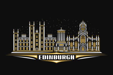 Edinburgh 'un vektör illüstrasyonu, alacakaranlık gökyüzü arka planında doğrusal tasarımı olan karanlık yatay poster, Edinburgh kelimesinin dekoratif harfleriyle Avrupa şehir çizgisi sanat kavramı