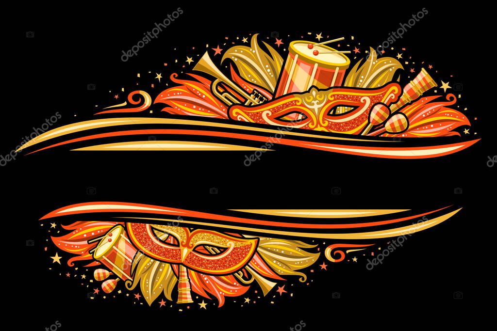 Vector Border for Brazil Carnival with copy space, horizontal invitation with illustration of carnival symbols, musical instruments, golden decorative feathers for night carnival in Rio de Janeiro
