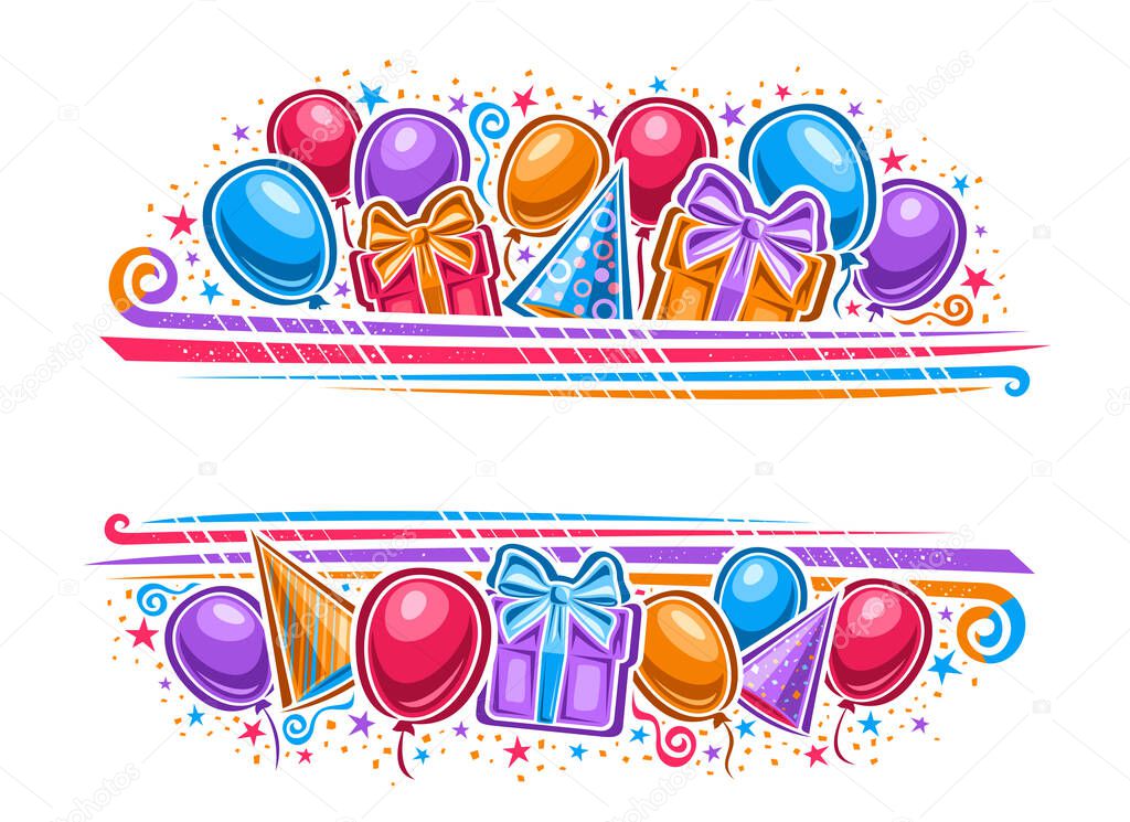 Vector Border for Happy Birthday with copy space, horizontal template with illustration of variety colorful balloons, two gift boxes and decorative flourishes for birthday party on white background