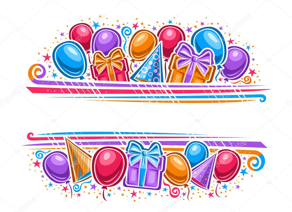 Vector Border for Happy Birthday with copy space, horizontal template with illustration of variety colorful balloons, two gift boxes and decorative flourishes for birthday party on white background